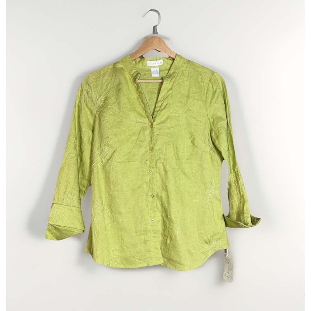 Tweeds Woman 100% Linen Button Up Top Lime Green V-Neck 3/4 Sleeve Size M NWT